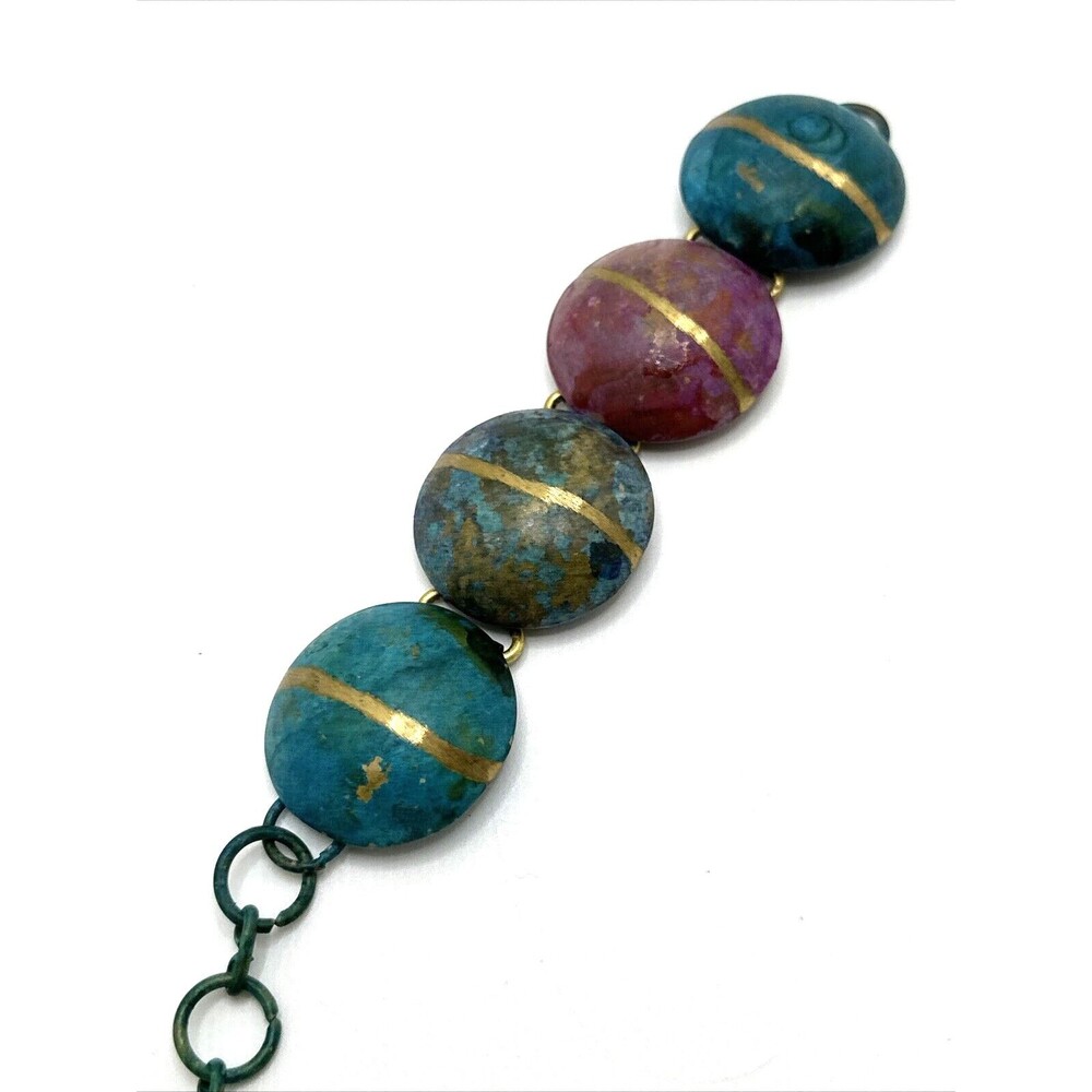 Vintage Boho Bracelet Teal & Pink Chunky Metal Links w/ Gold Accents 7 1/2" Mod
